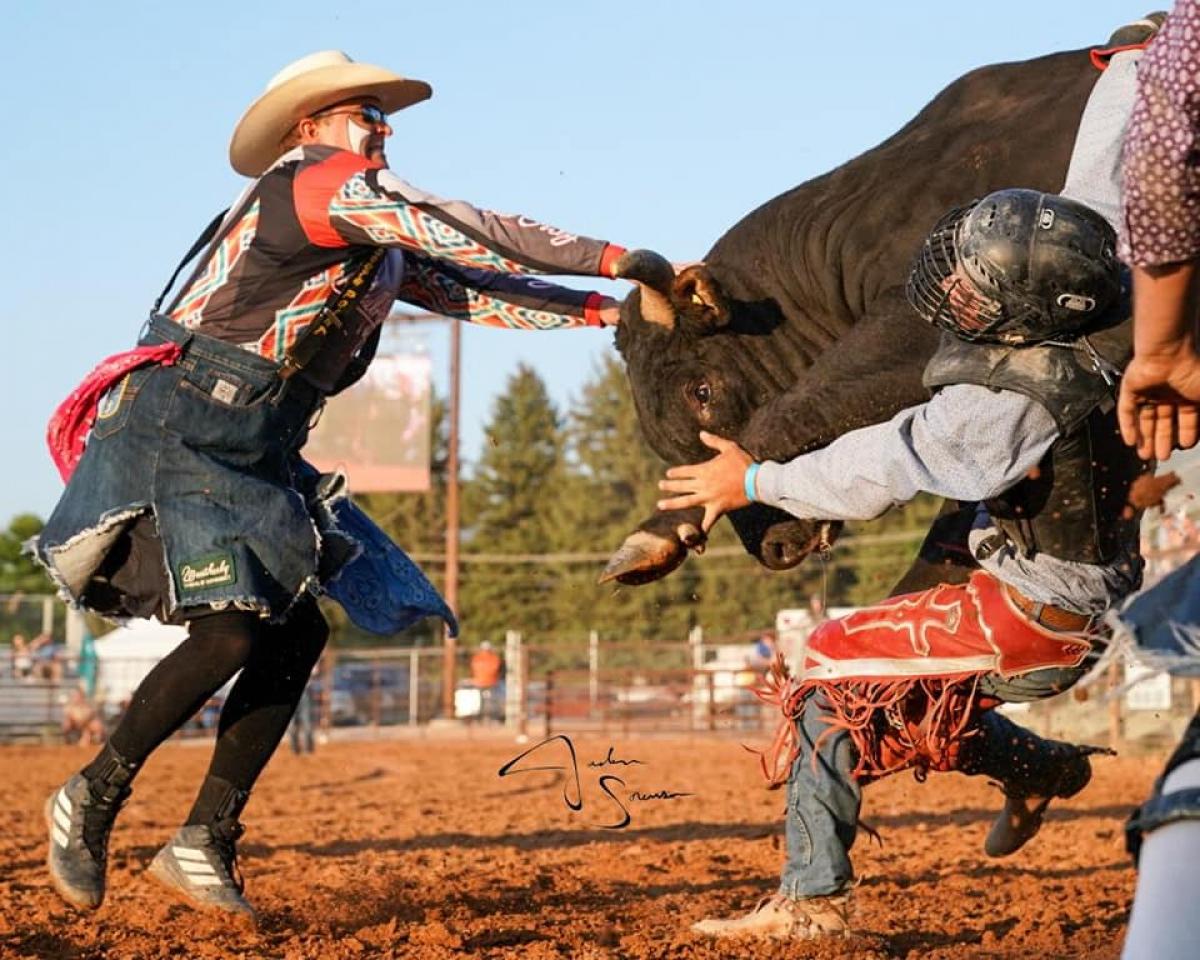 Rodeo photo with clown and bull